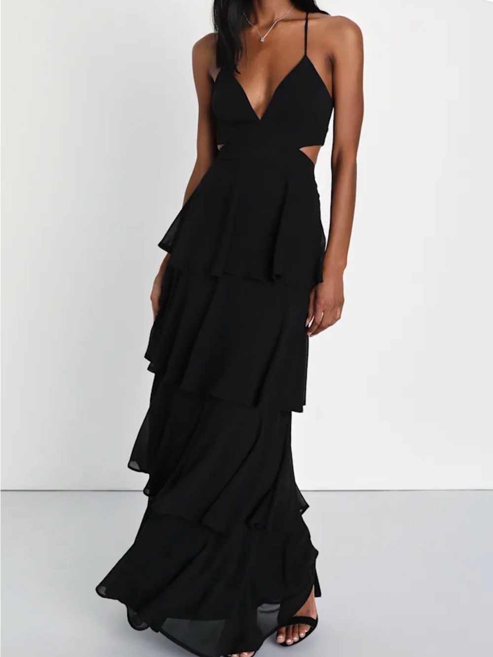 Lulu's Black Tiered Ruffle Maxi Dress with Spaghetti Straps